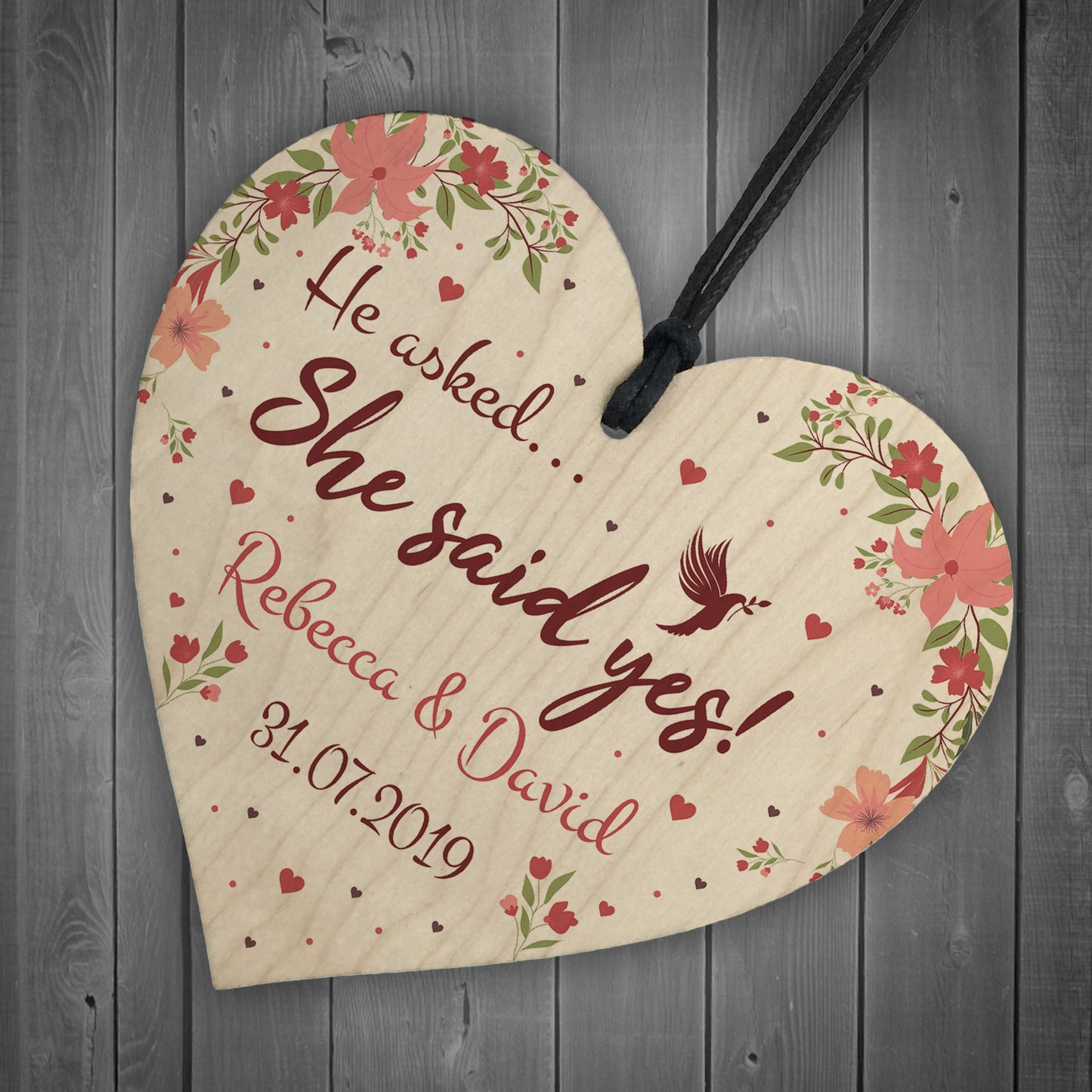 Personalised She Said Yes Wooden Heart Engagement Gift Unique