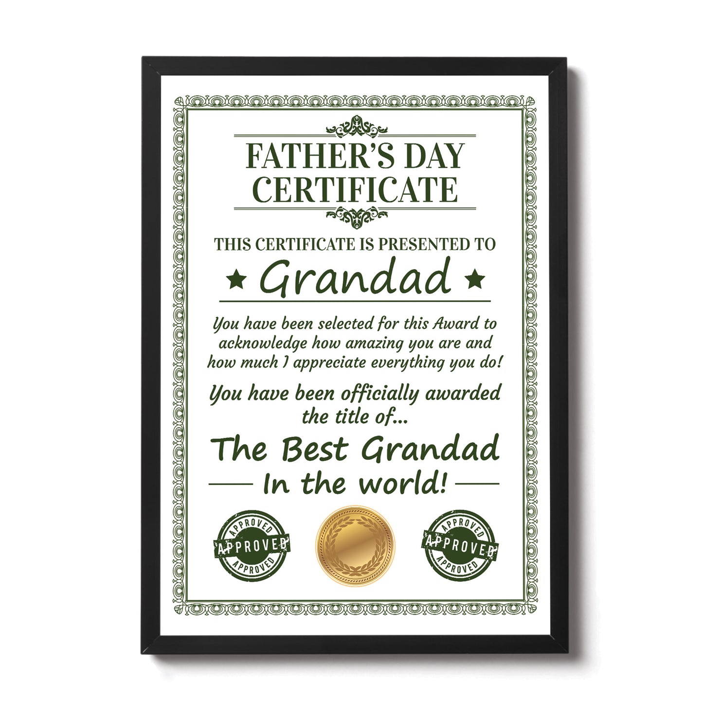 Framed Grandad Certificate For Fathers Day Gift For Grandad