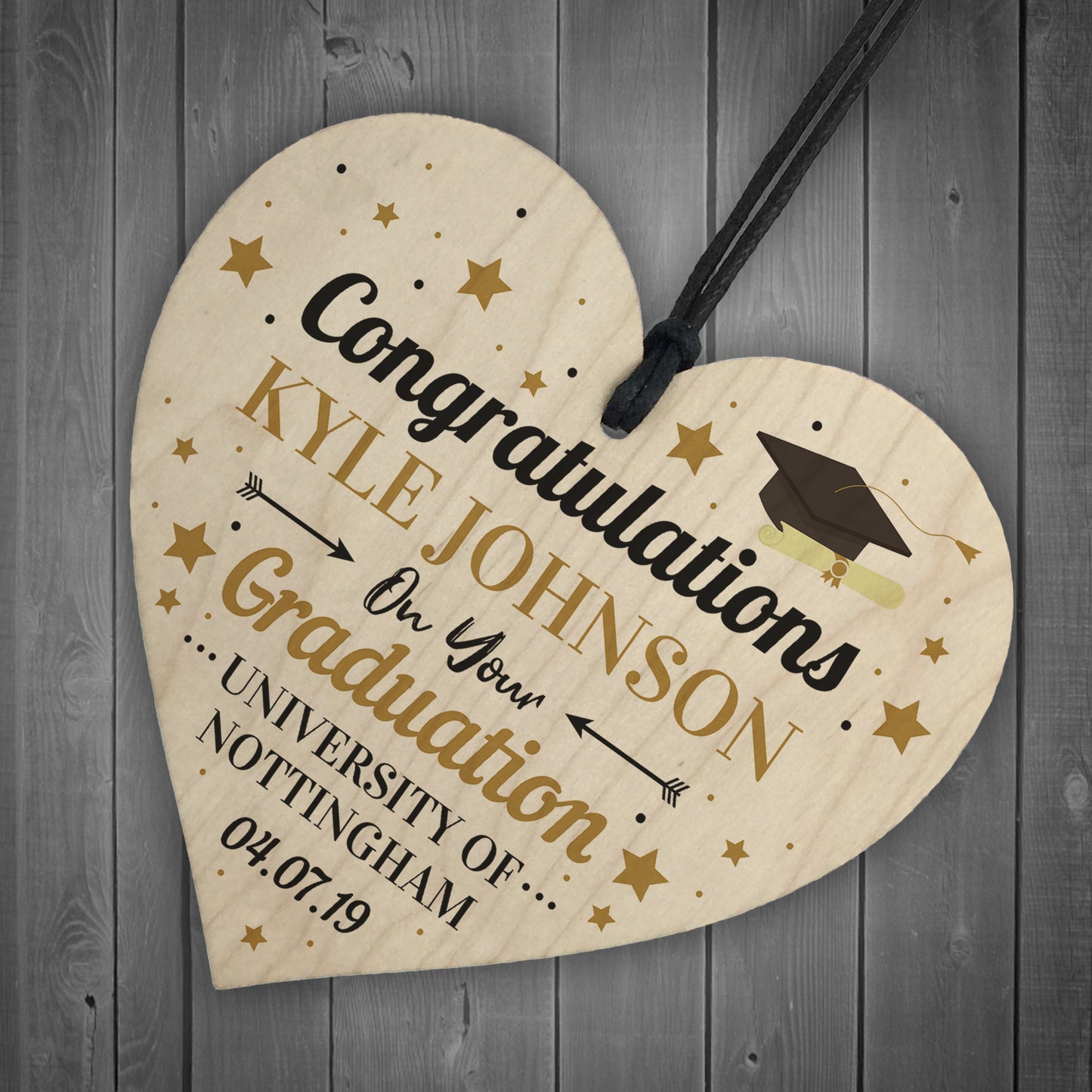 Congratulations Wood Heart Personalised Graduation Uni Gift