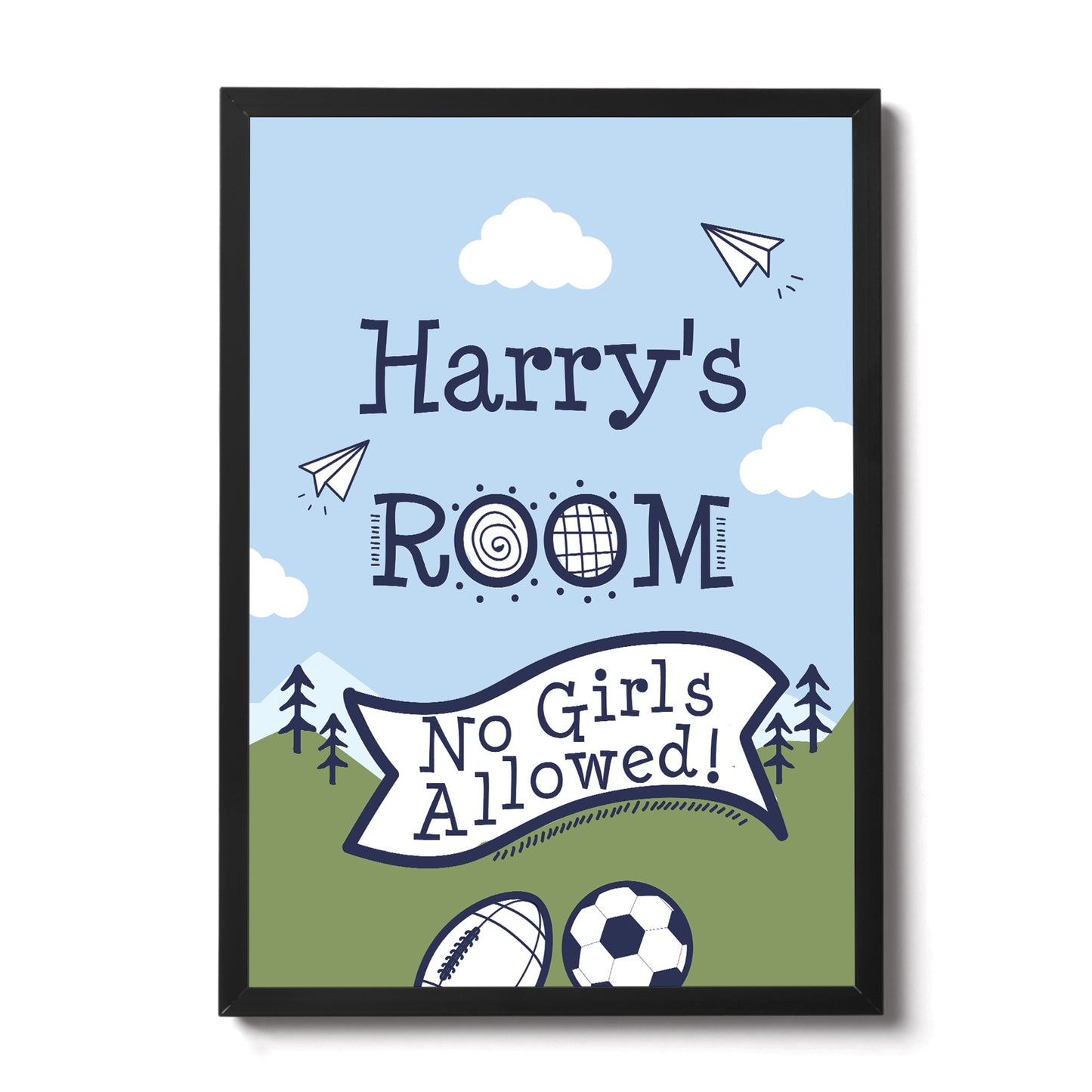 Boys Personalised Bedroom Sign Football Wall Art Framed Print