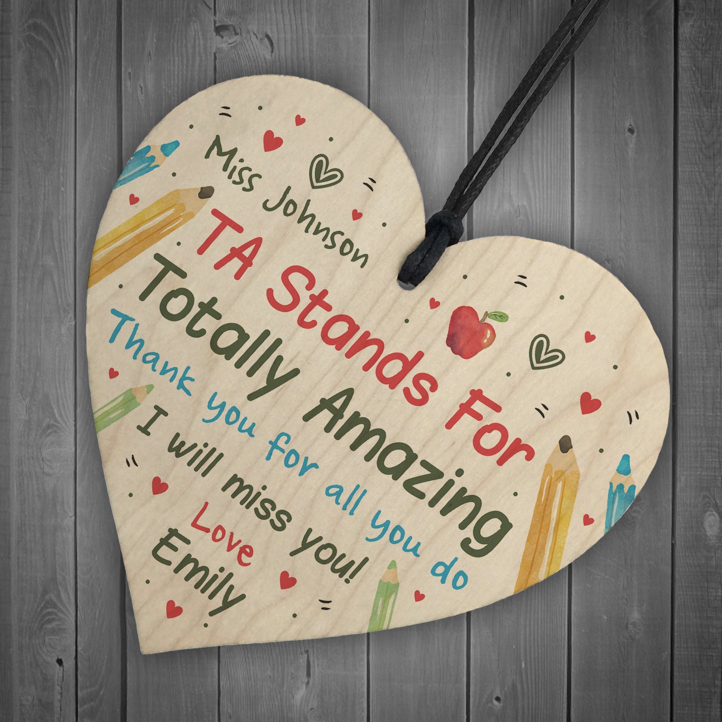 Personalised TA Assistant Gift Wood Heart Thank you Leaving Gift