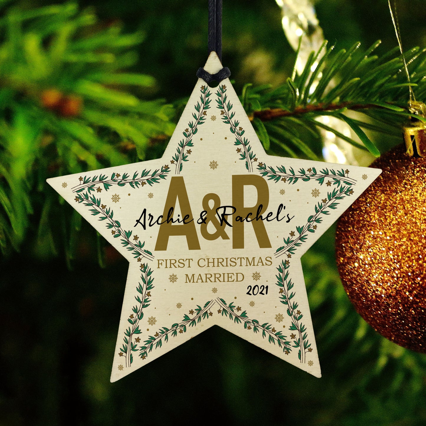 1st Christmas Married Personalised Wooden Star Tree Decoration