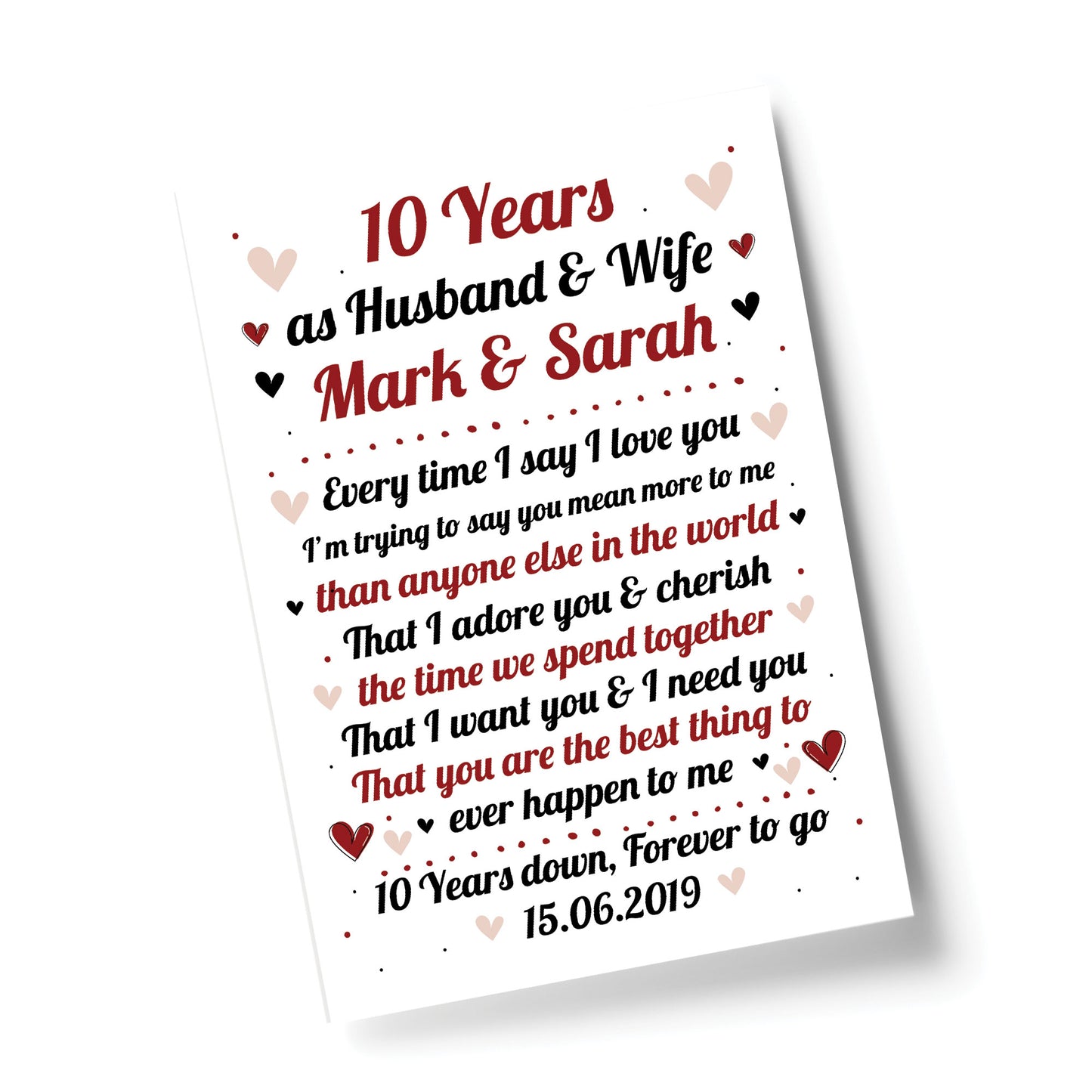 10th Wedding Anniversary Gift For Husband or Wife Print Keepsake