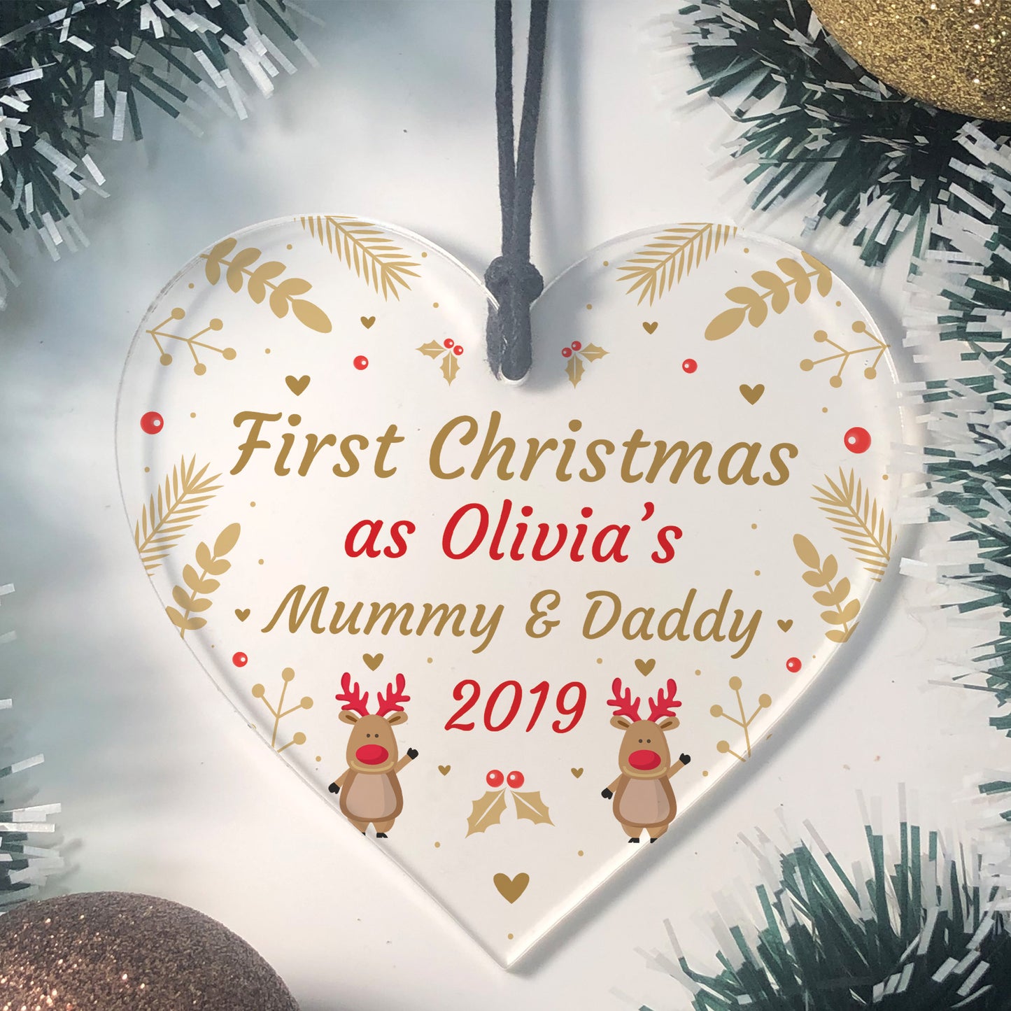 1st Christmas Decoration Personalised Mummy And Daddy Heart Xmas