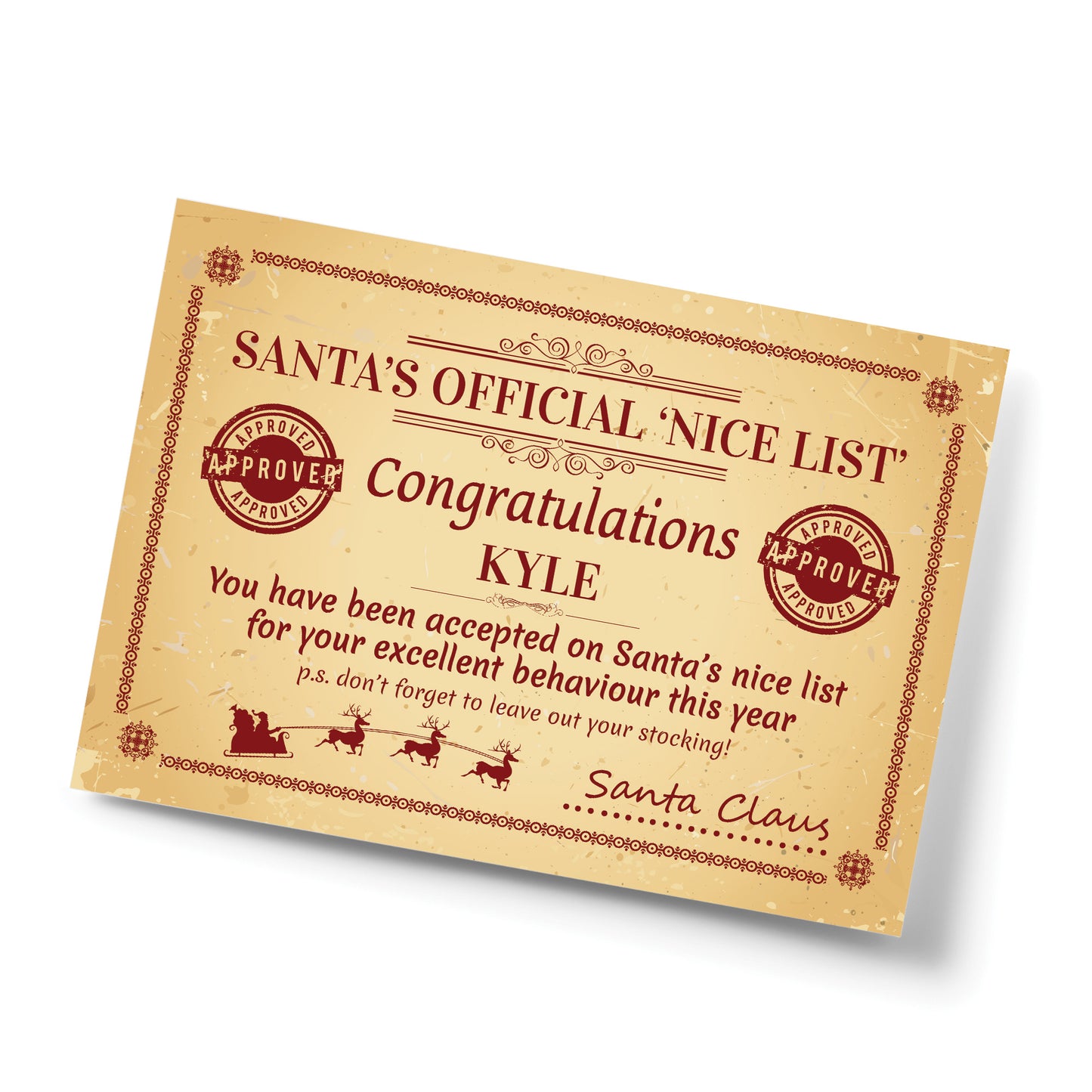 Personalised Official Nice List Ceritificate From Santa Novelty