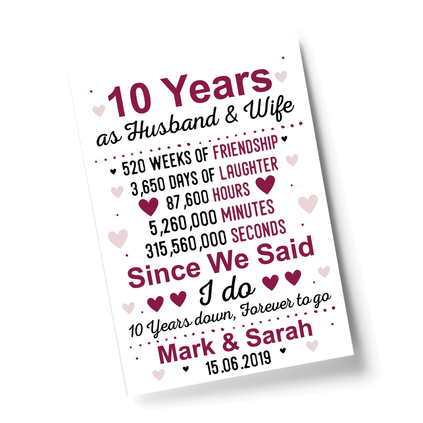 10th Wedding Anniversary Gift Wife Husband Personalised