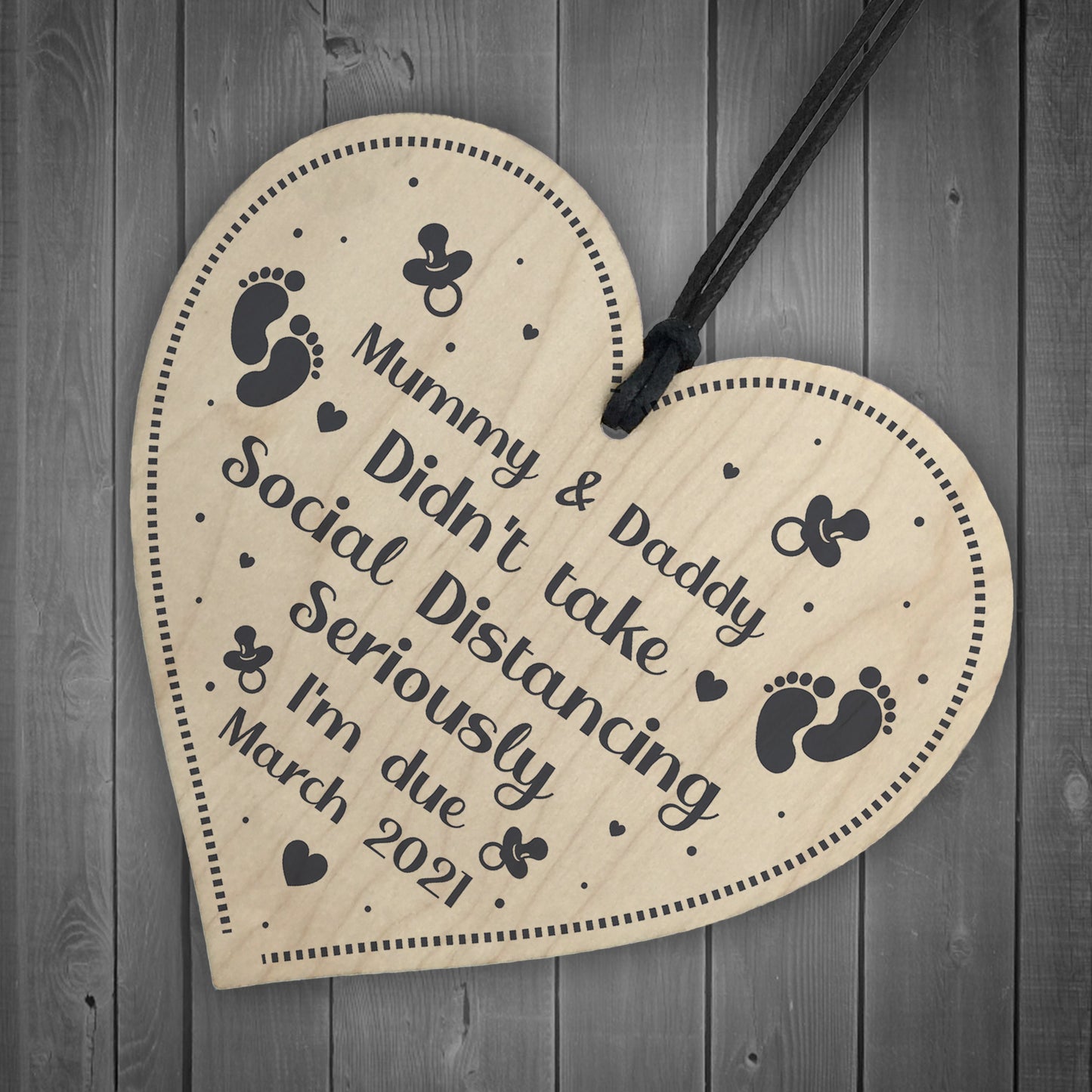 PERSONALISED Baby Announcement Gift Wood Heart Quarantine