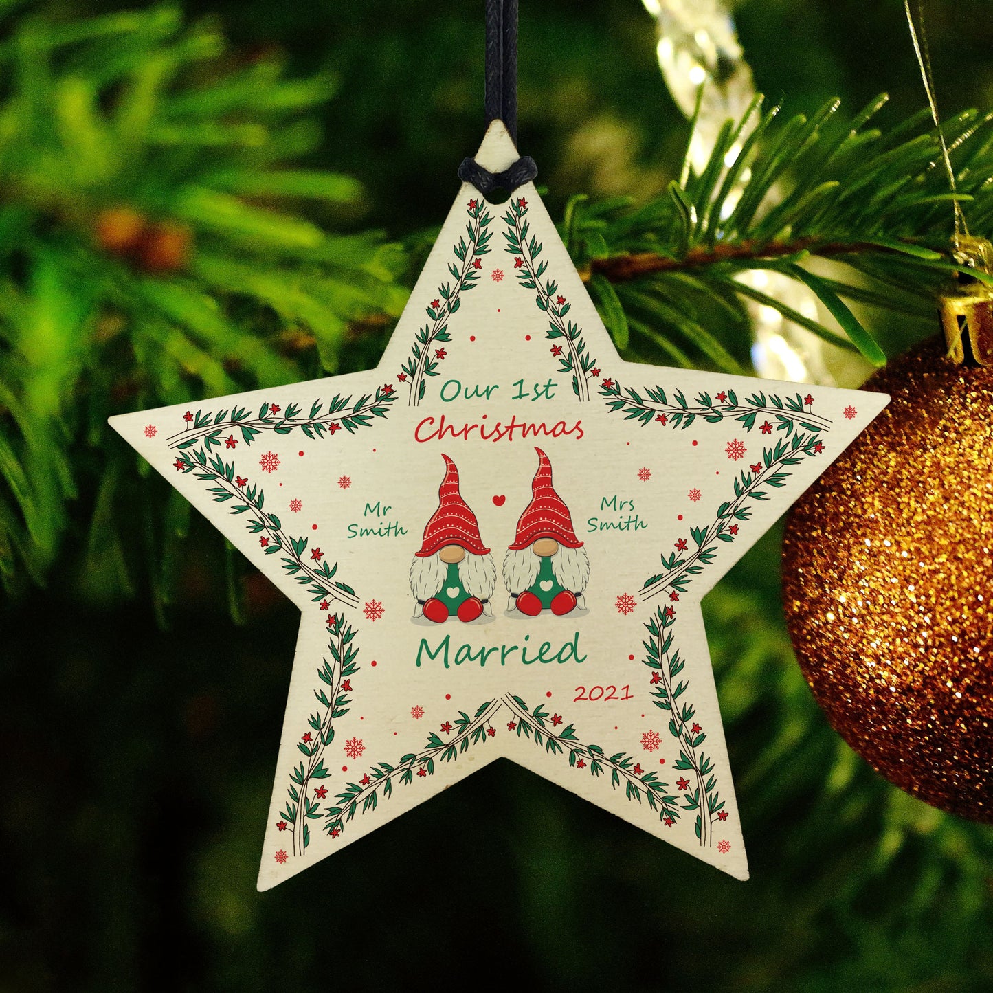 1st Christmas Married Wood Bauble Star Personalised Couple Gift