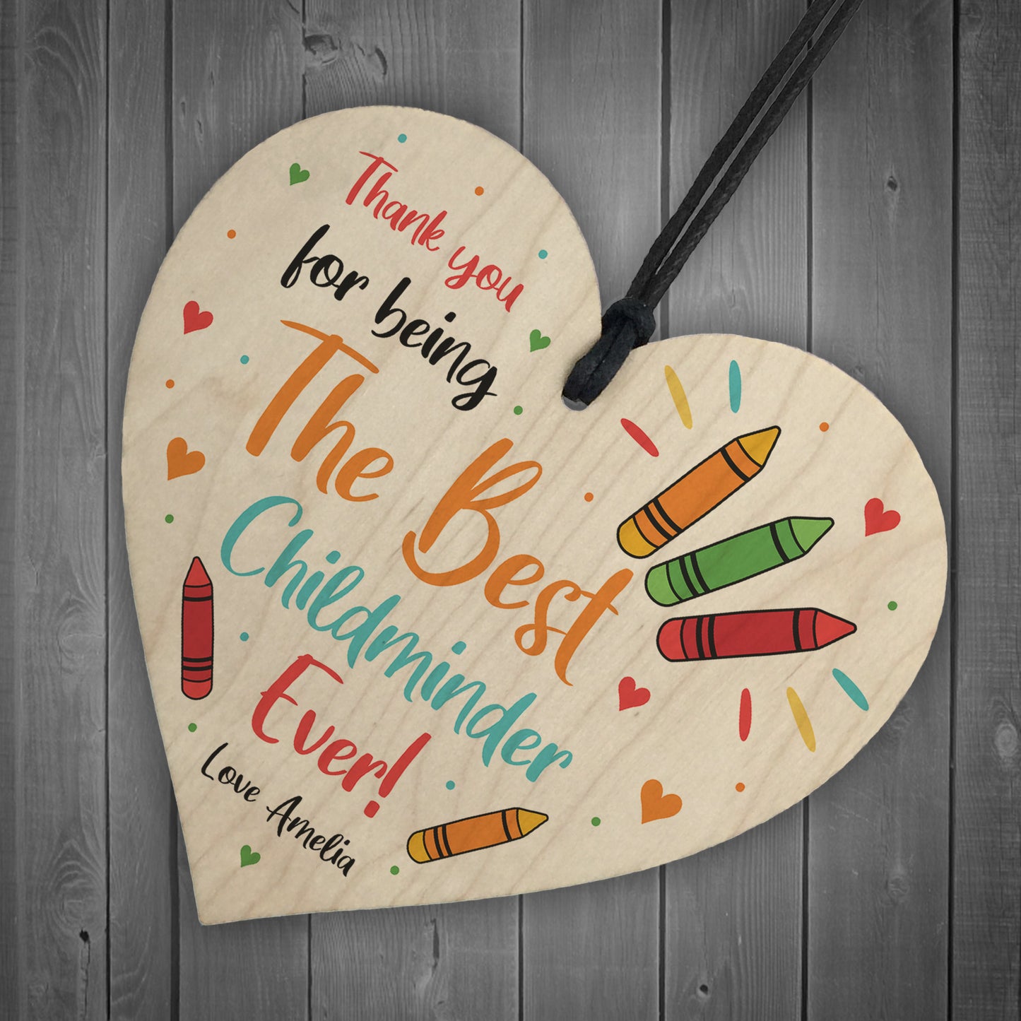 Colourful Gift For Childminder Wood Heart Personalised Thank You