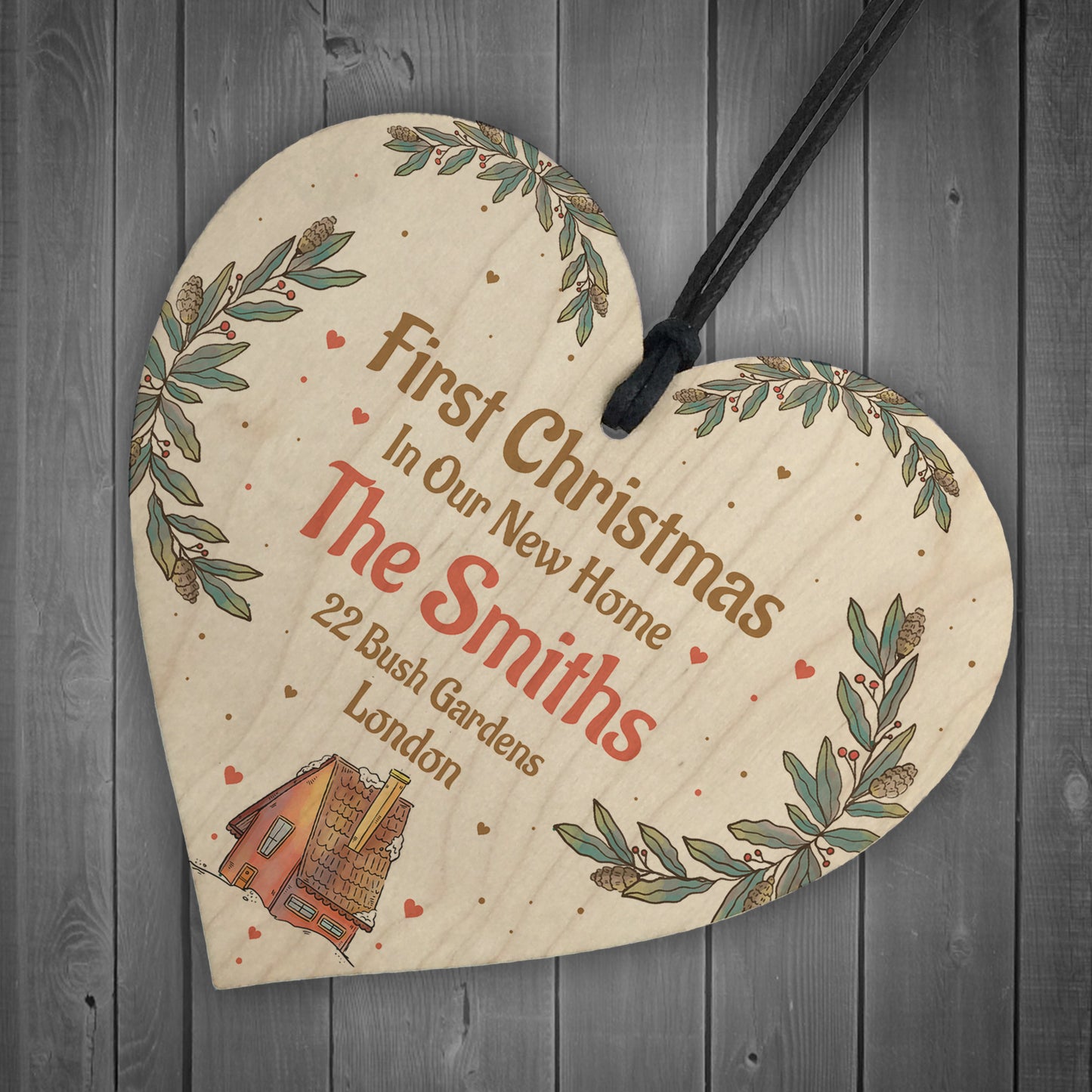 First Christmas New Home Personalised Tree Decoration Wood Heart
