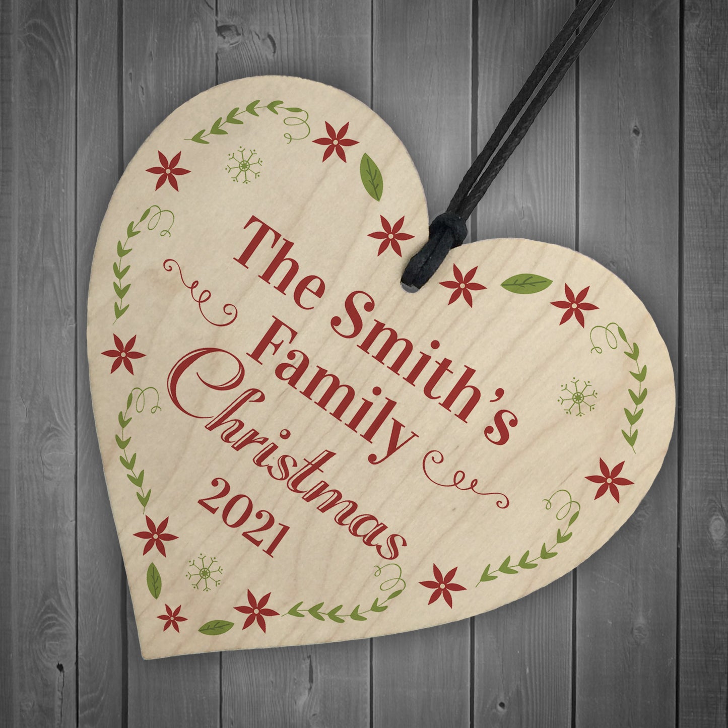 Family Tree Decoration Wood Heart SURNAME Personalised Bauble