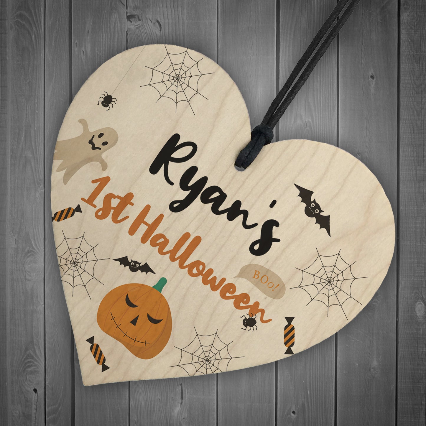 Personalised Babys 1st Halloween Hanging Wood Heart Decoration