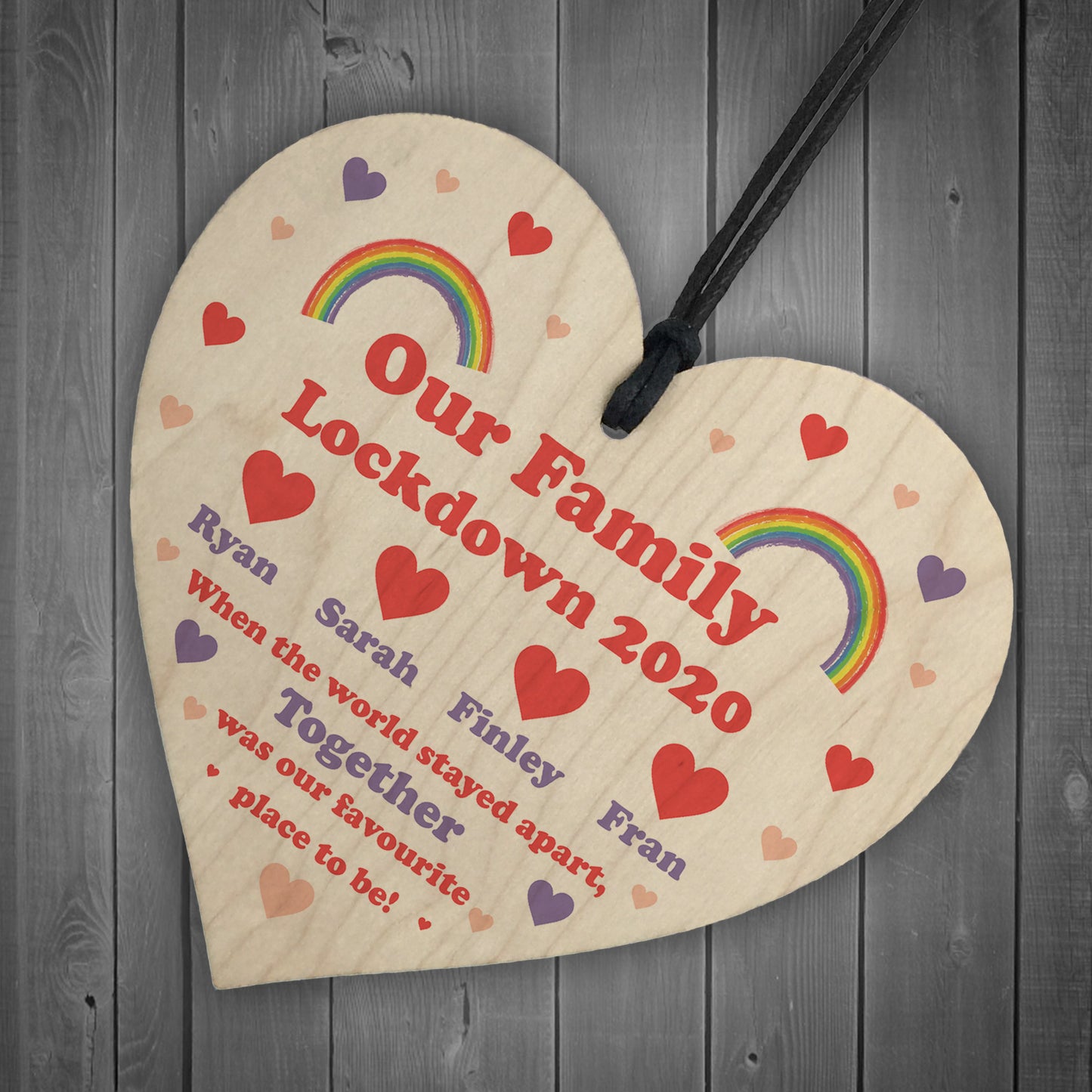 PERSONALISED Lockdown Wooden Heart Rainbow Family Plaque