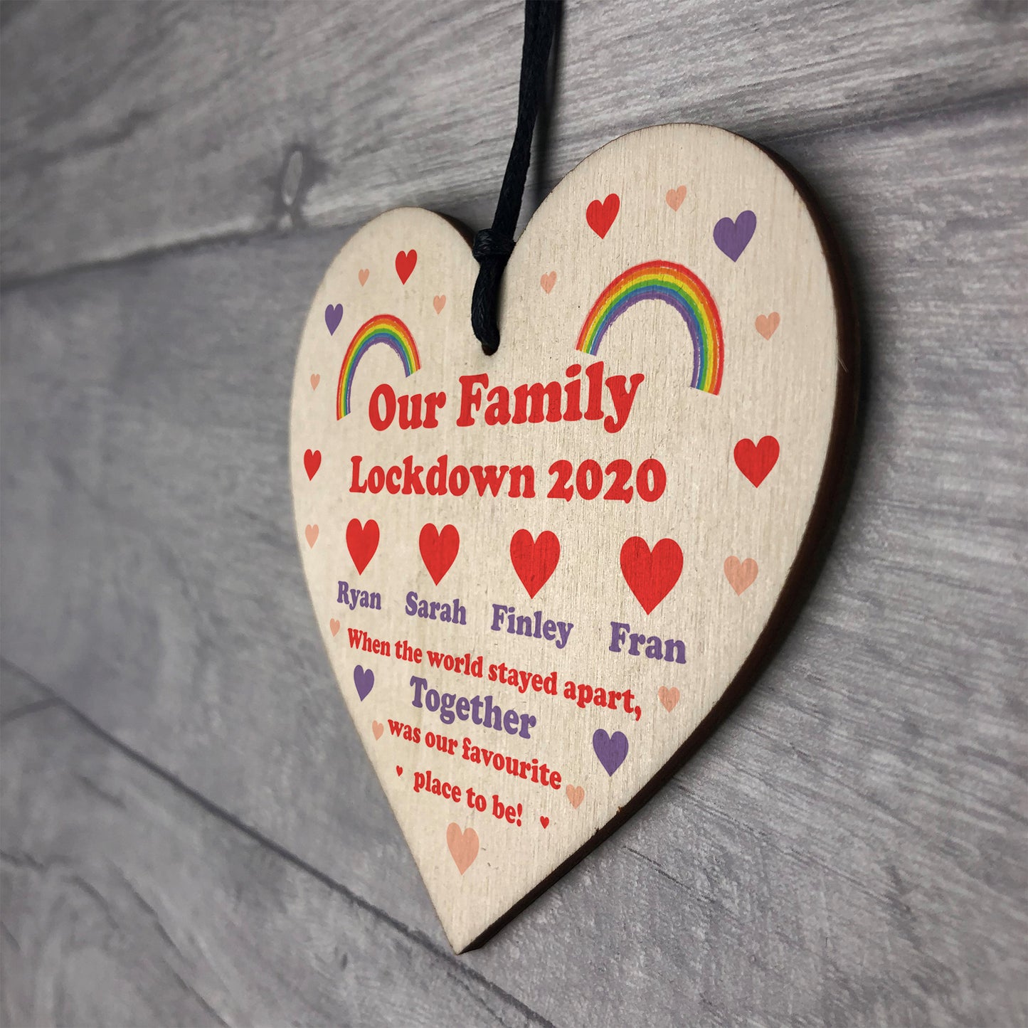 PERSONALISED Lockdown Wooden Heart Rainbow Family Plaque