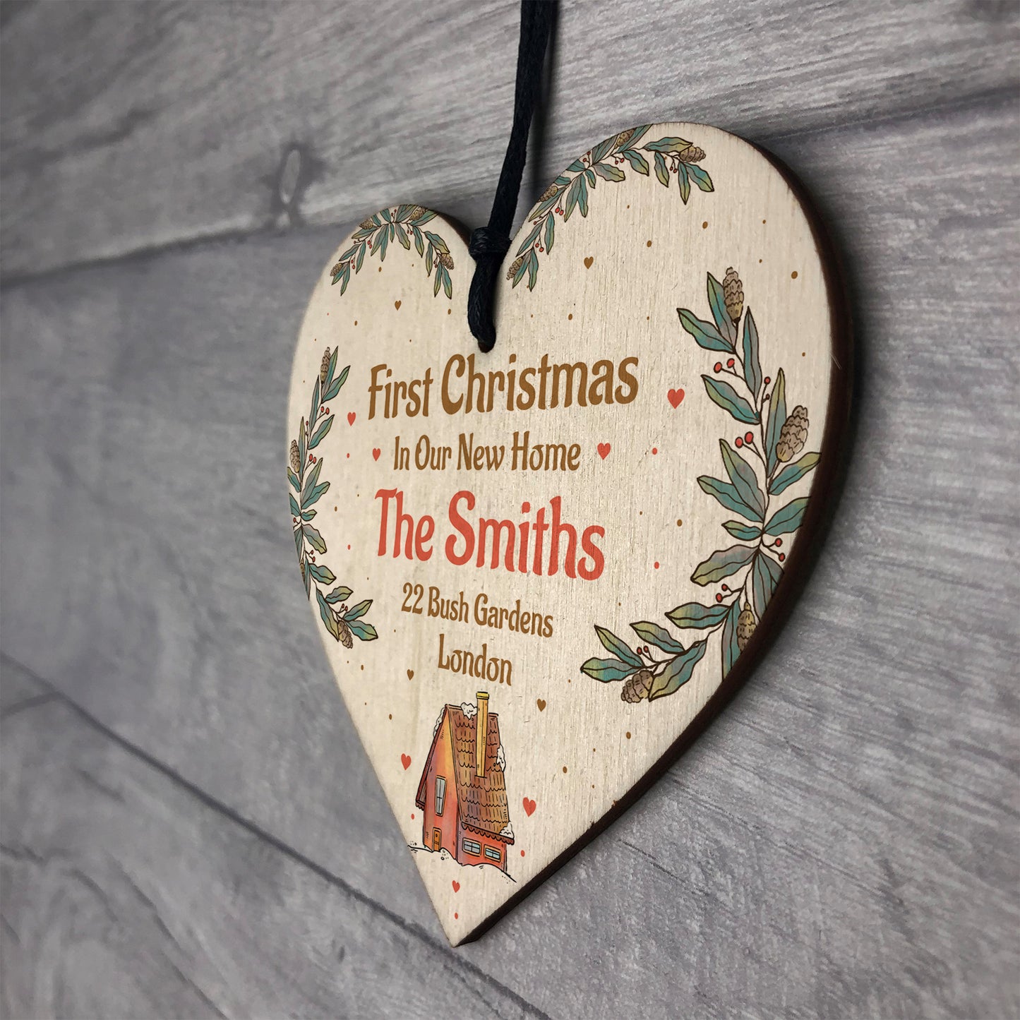 First Christmas New Home Personalised Tree Decoration Wood Heart