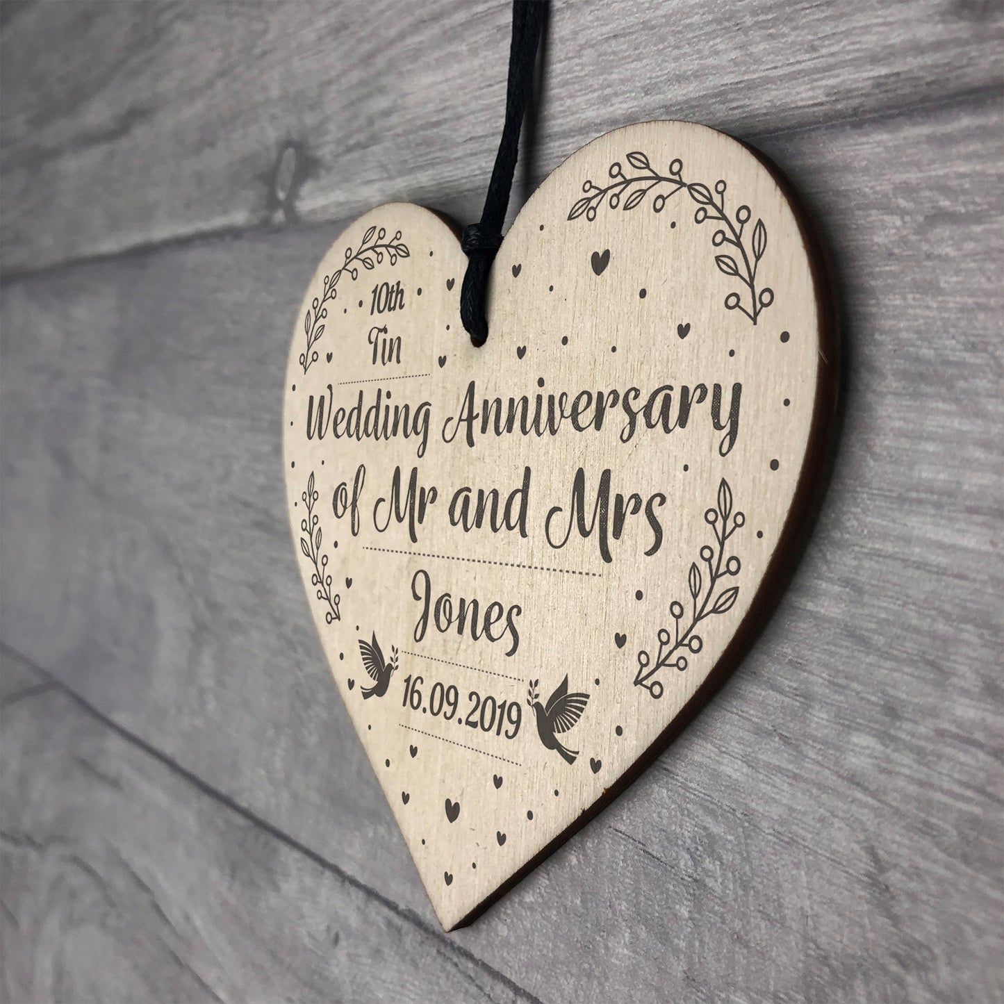 10th Tin Wedding Anniversary Gift Personalised Heart Mr & Mrs