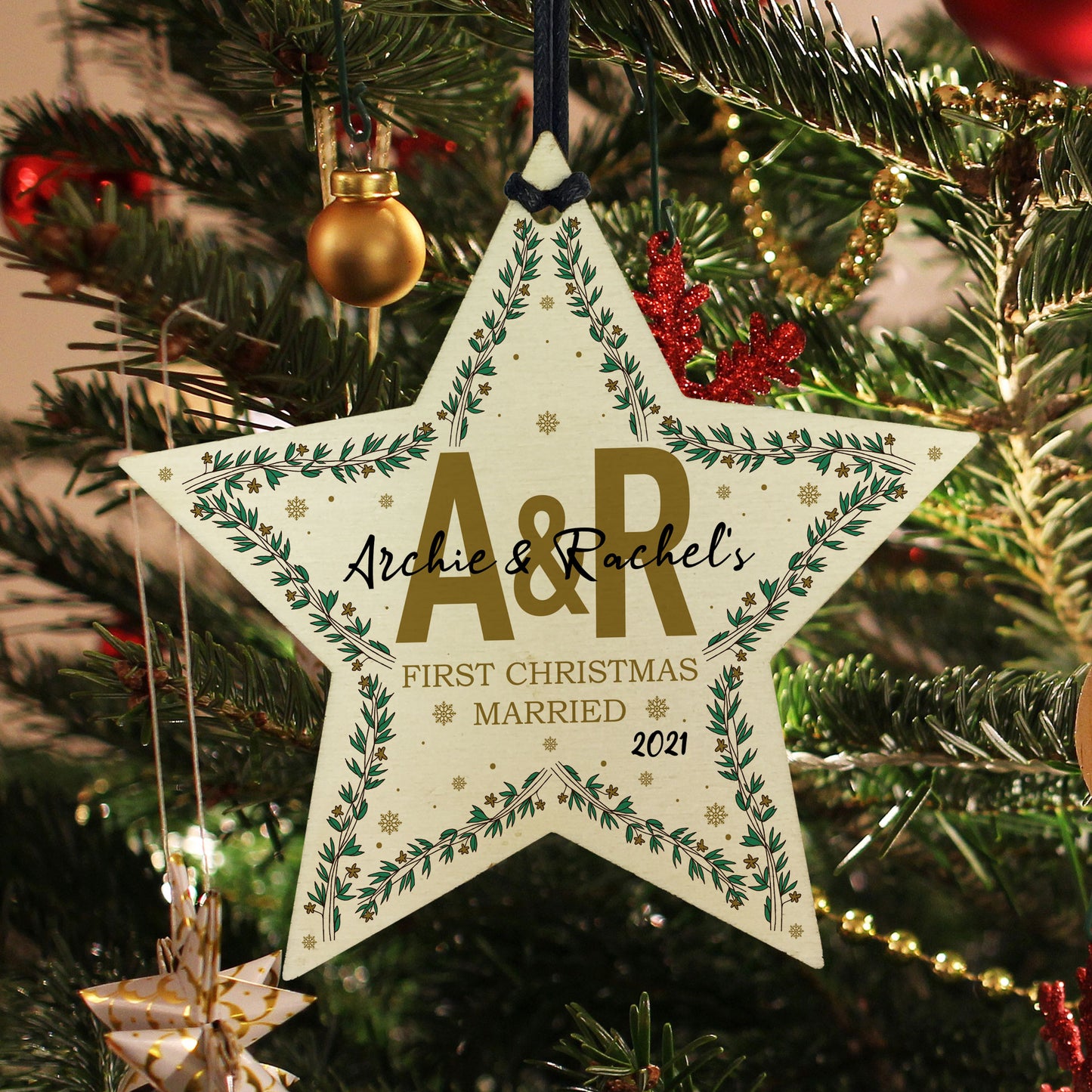 1st Christmas Married Personalised Wooden Star Tree Decoration