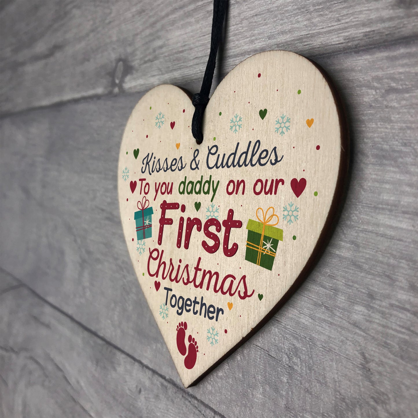 1st First Christmas DAD Gift Bauble Decoration Wooden Heart Sign