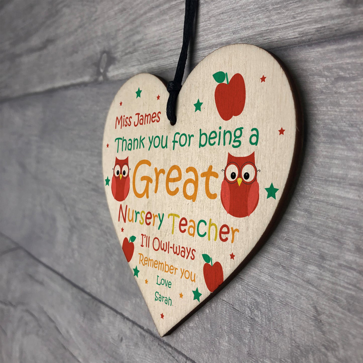 Thank You NURSERY Teacher Gift Heart Hanging Sign Personalised