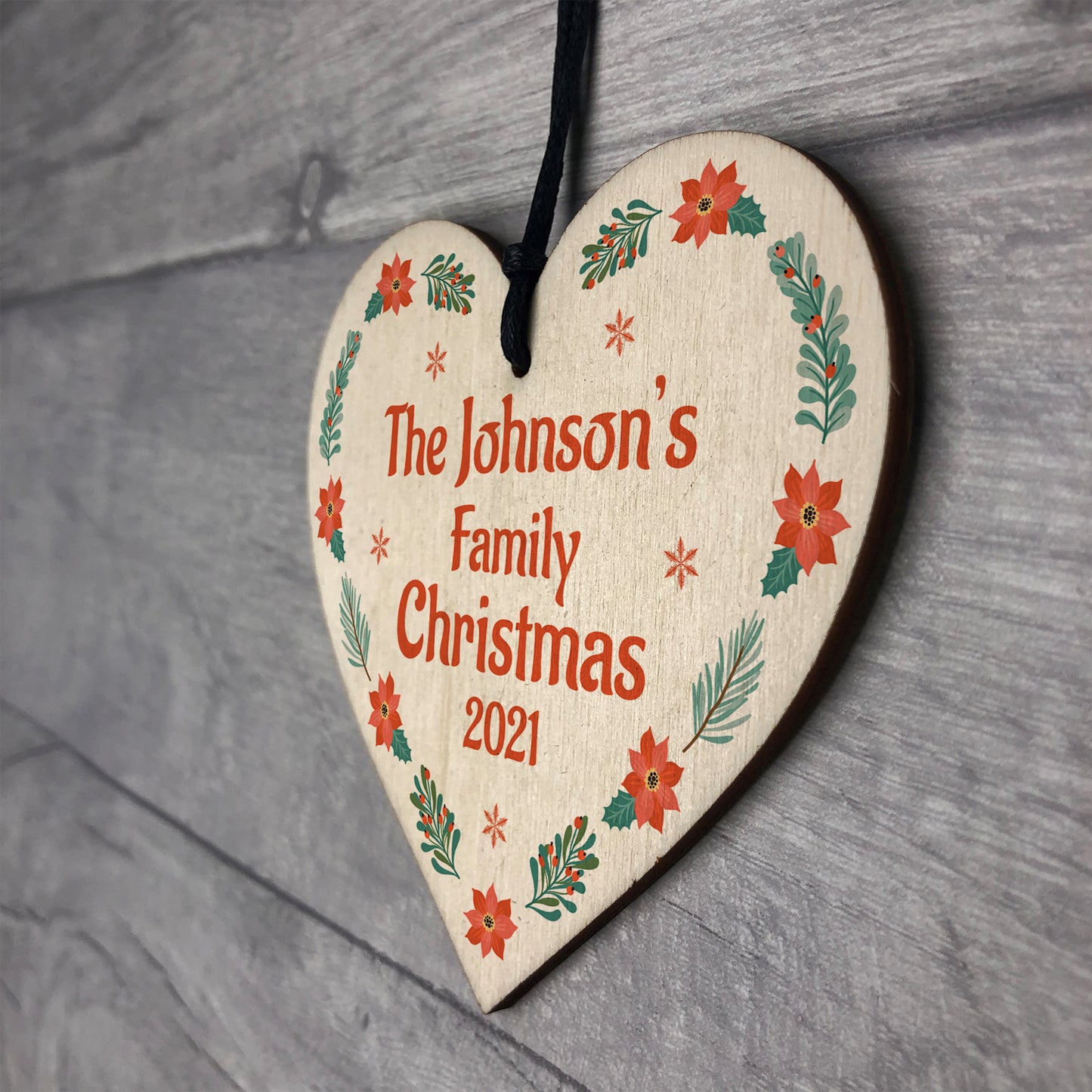 Personalised Family Tree Decoration SURNAME Wood Heart