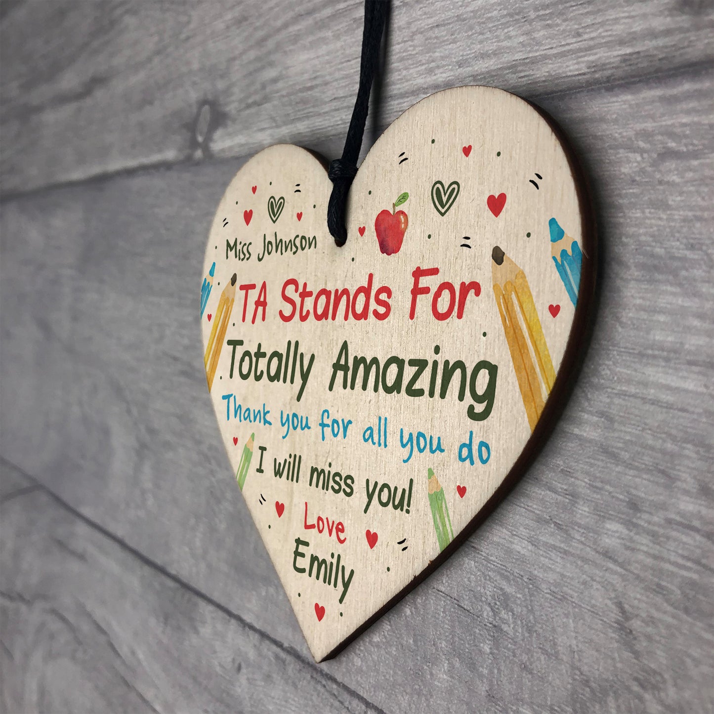 Personalised TA Assistant Gift Wood Heart Thank you Leaving Gift