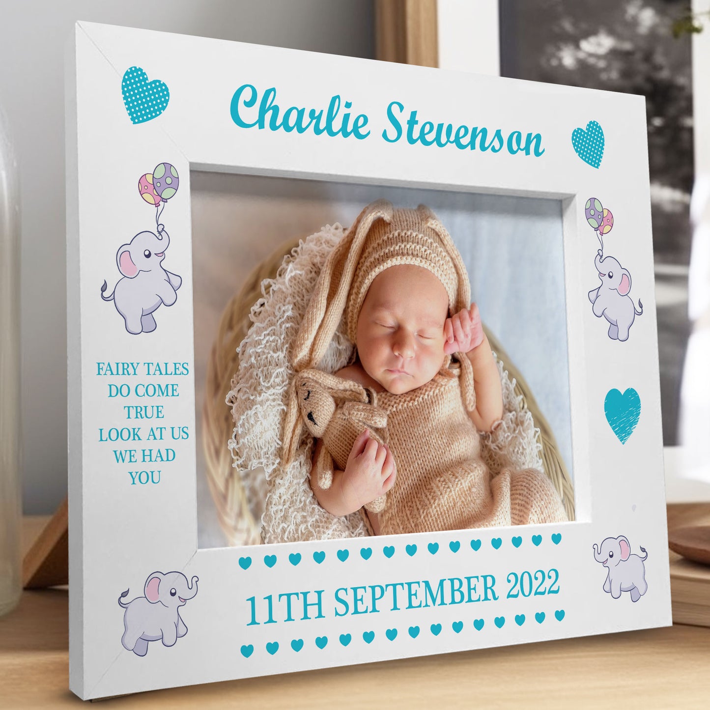 Personalised Baby Boy Photo Frame With Birth Details Elephant