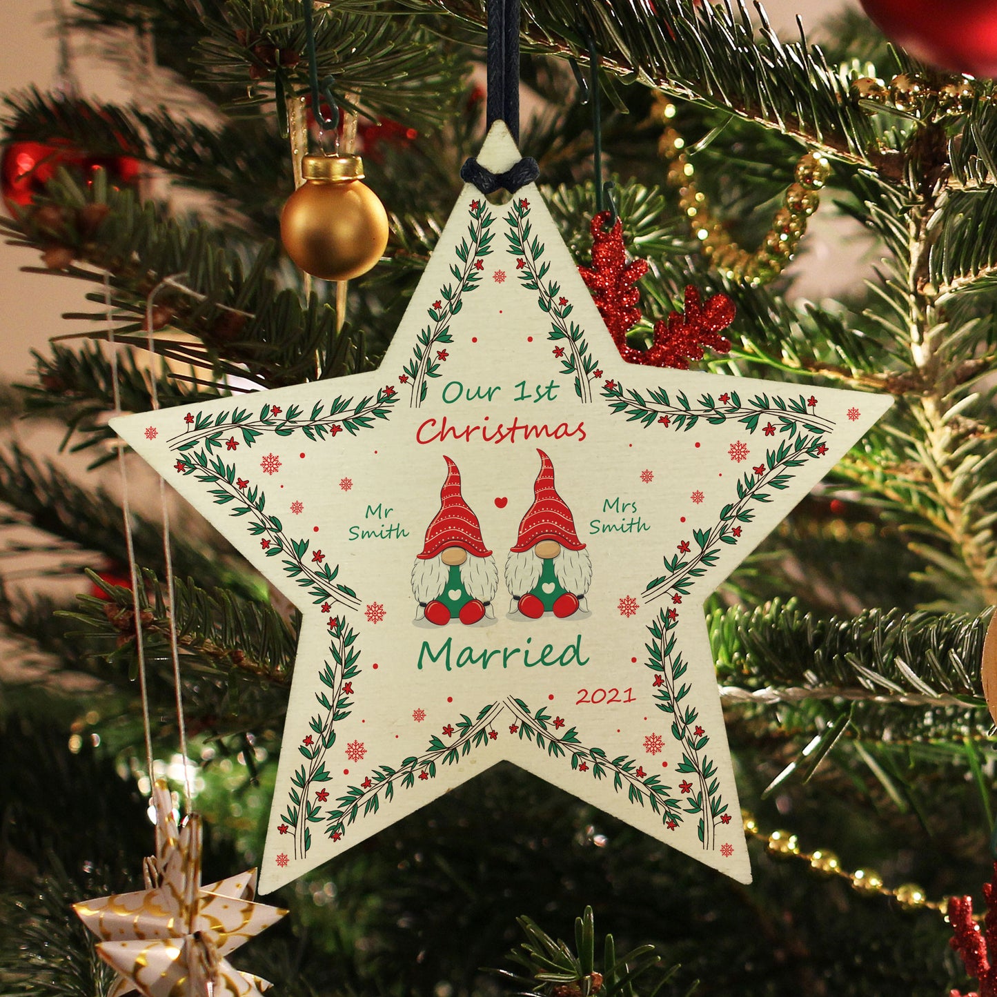 1st Christmas Married Wood Bauble Star Personalised Couple Gift