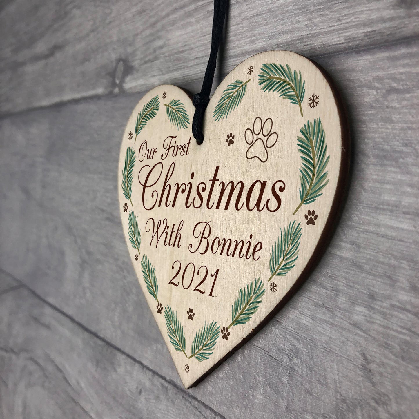 1st Christmas With Dog Puppy Wood Heart Bauble Personalised