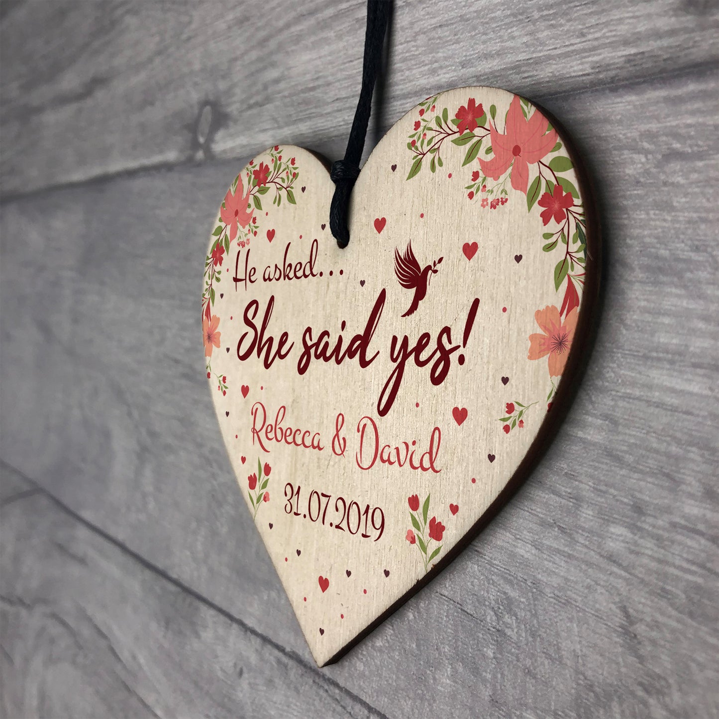 Personalised She Said Yes Wooden Heart Engagement Gift Unique