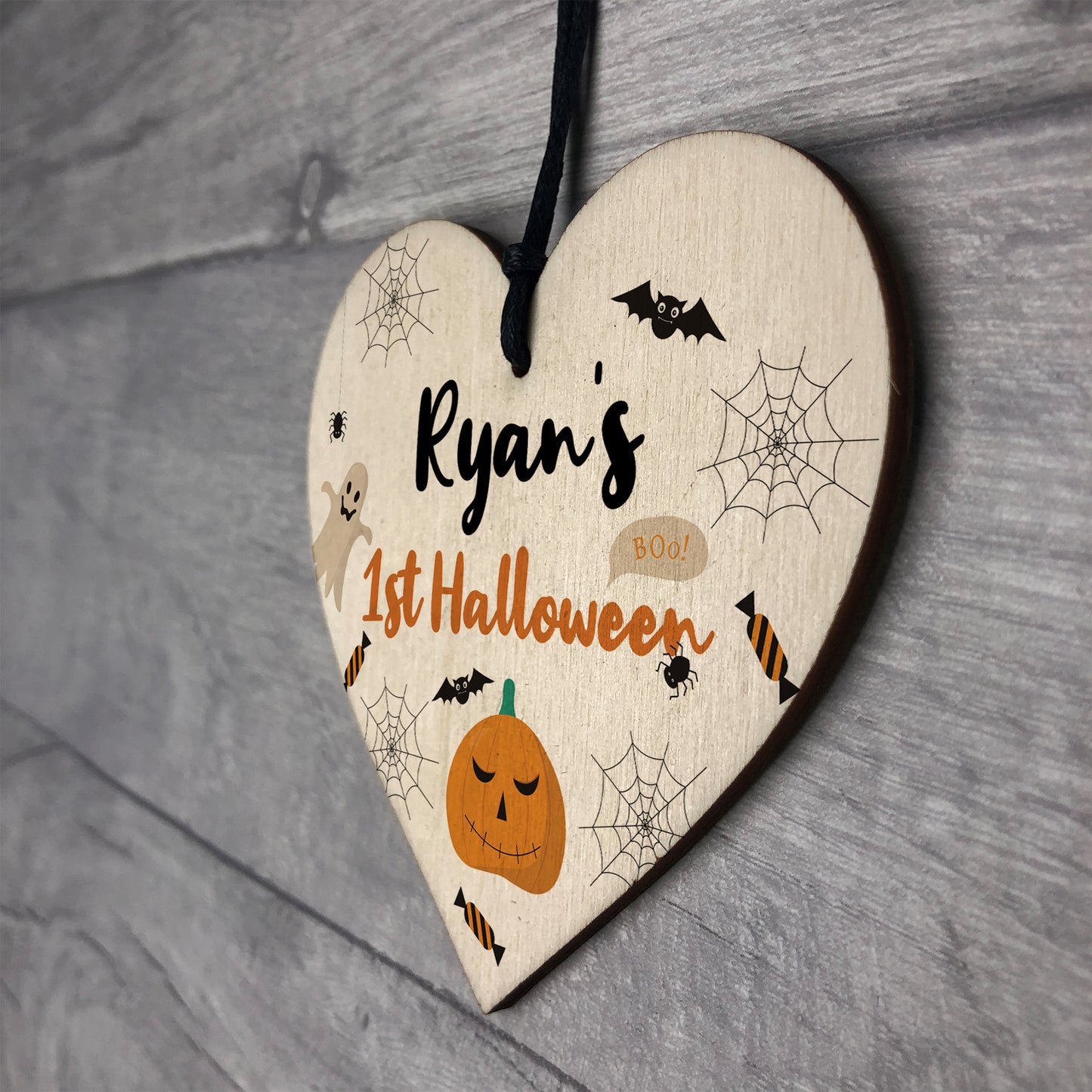 Personalised Babys 1st Halloween Hanging Wood Heart Decoration