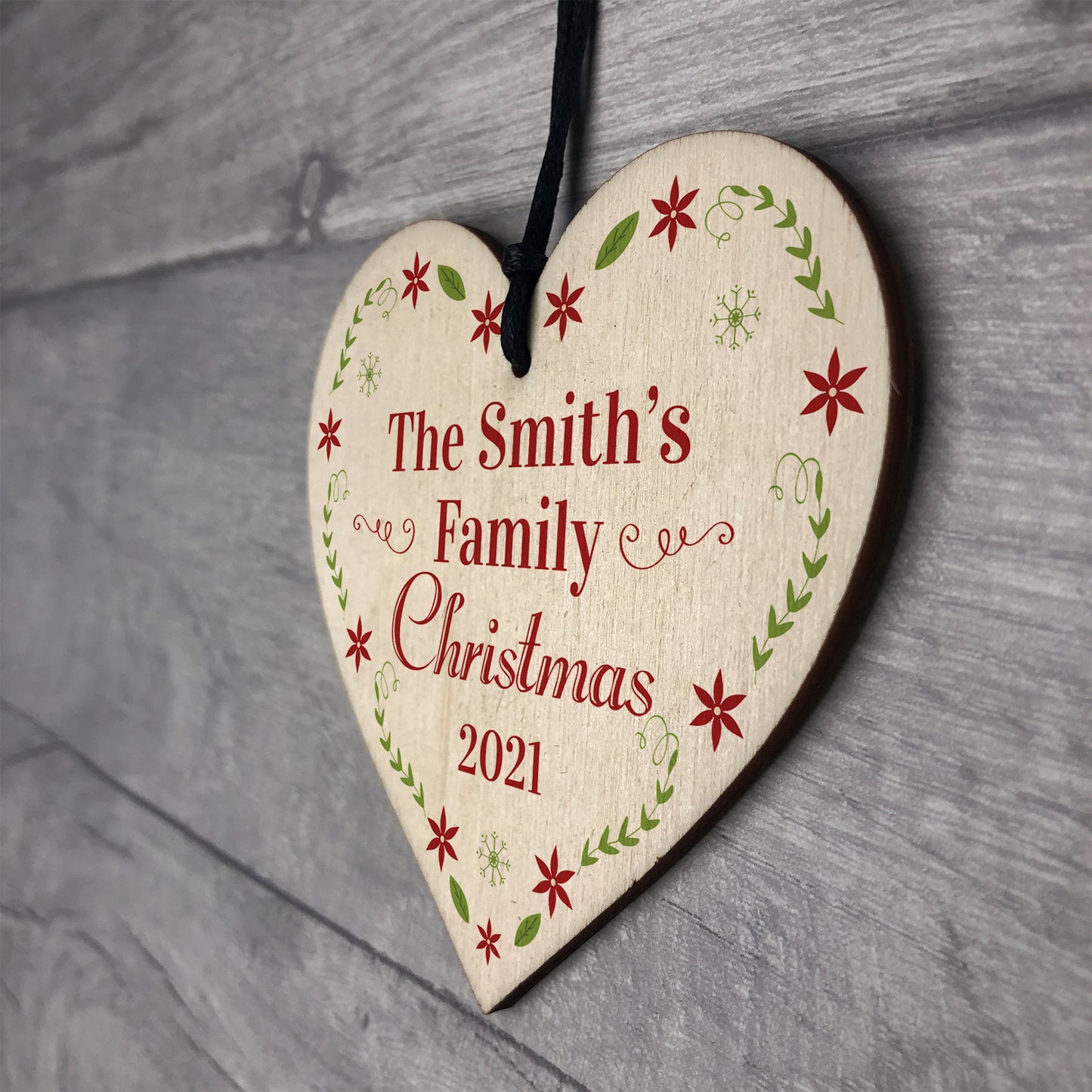 Family Tree Decoration Wood Heart SURNAME Personalised Bauble