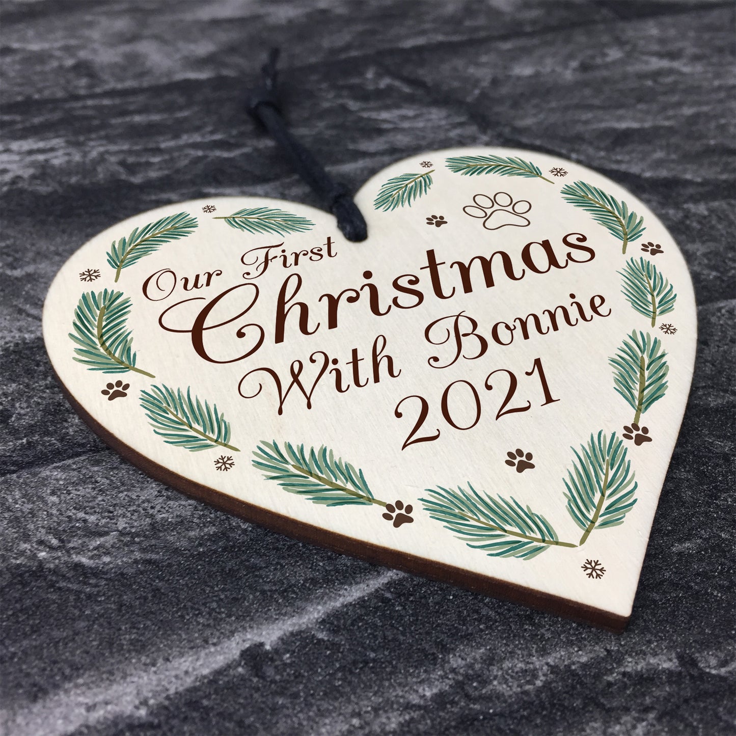 1st Christmas With Dog Puppy Wood Heart Bauble Personalised