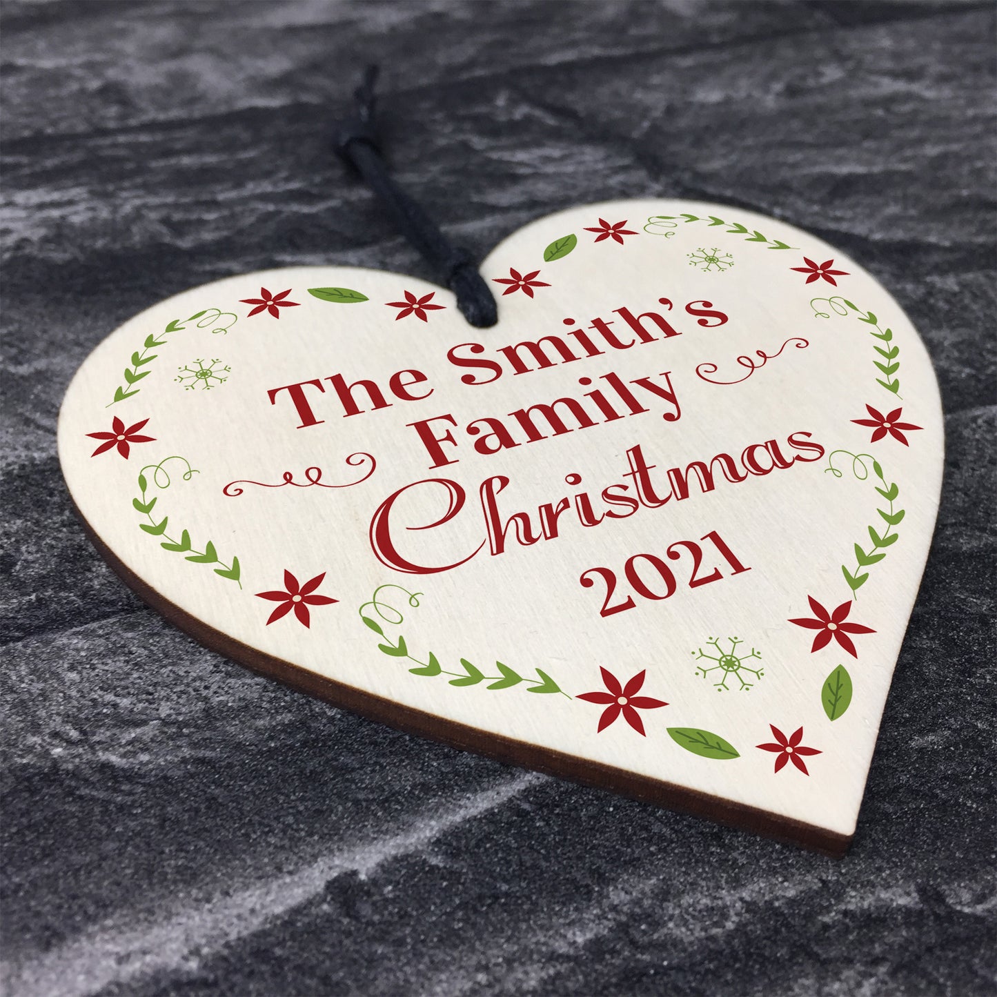 Family Tree Decoration Wood Heart SURNAME Personalised Bauble