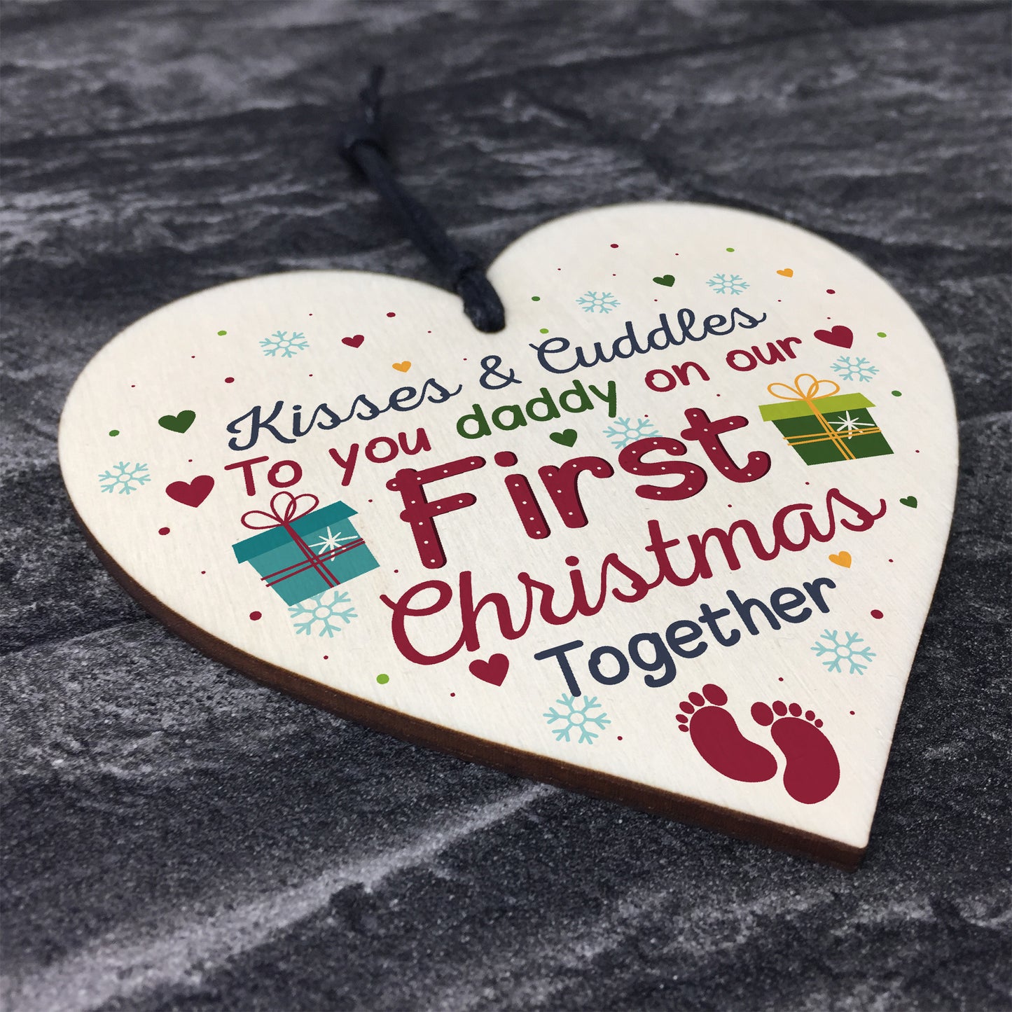 1st First Christmas DAD Gift Bauble Decoration Wooden Heart Sign