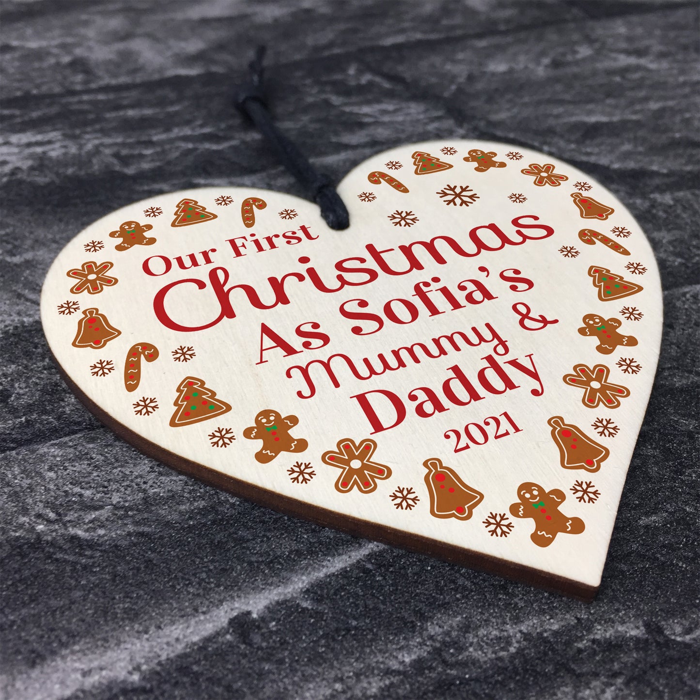 1st Christmas As Mummy And Daddy Baby Wooden Heart Personalised