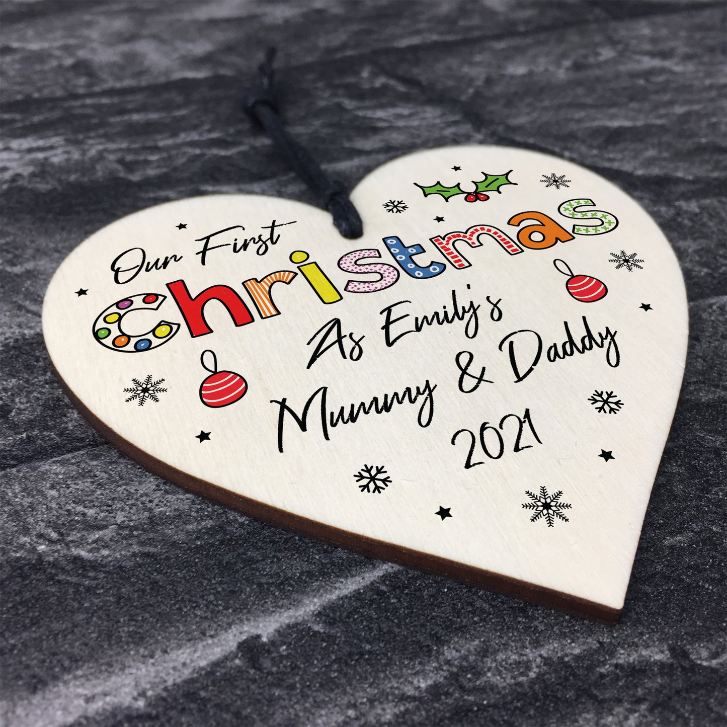 1st Christmas As Any Names Mummy Daddy Wooden Heart