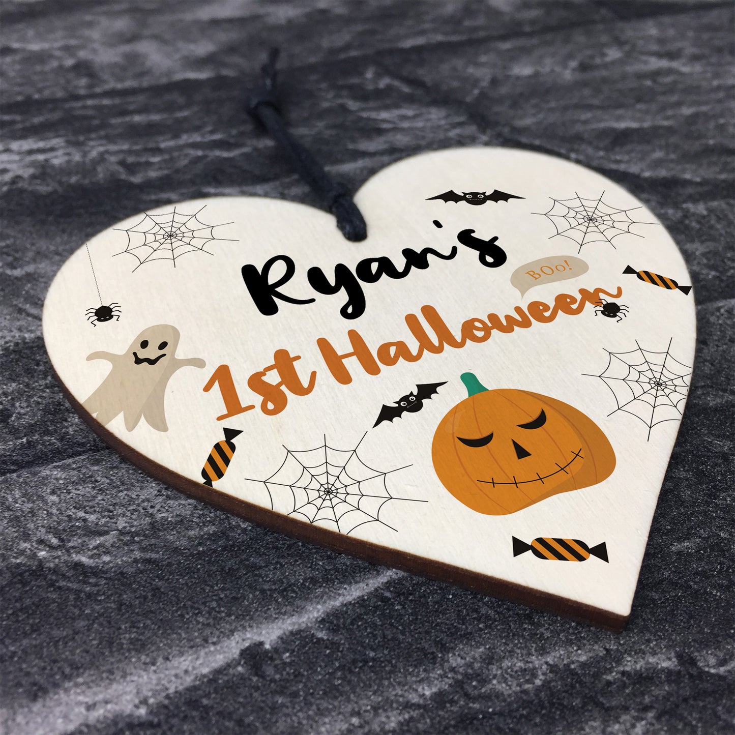 Personalised Babys 1st Halloween Hanging Wood Heart Decoration