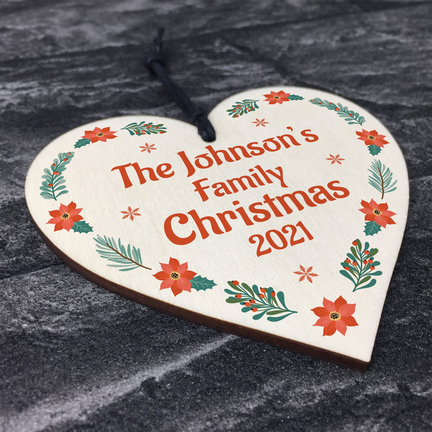 Personalised Family Tree Decoration SURNAME Wood Heart