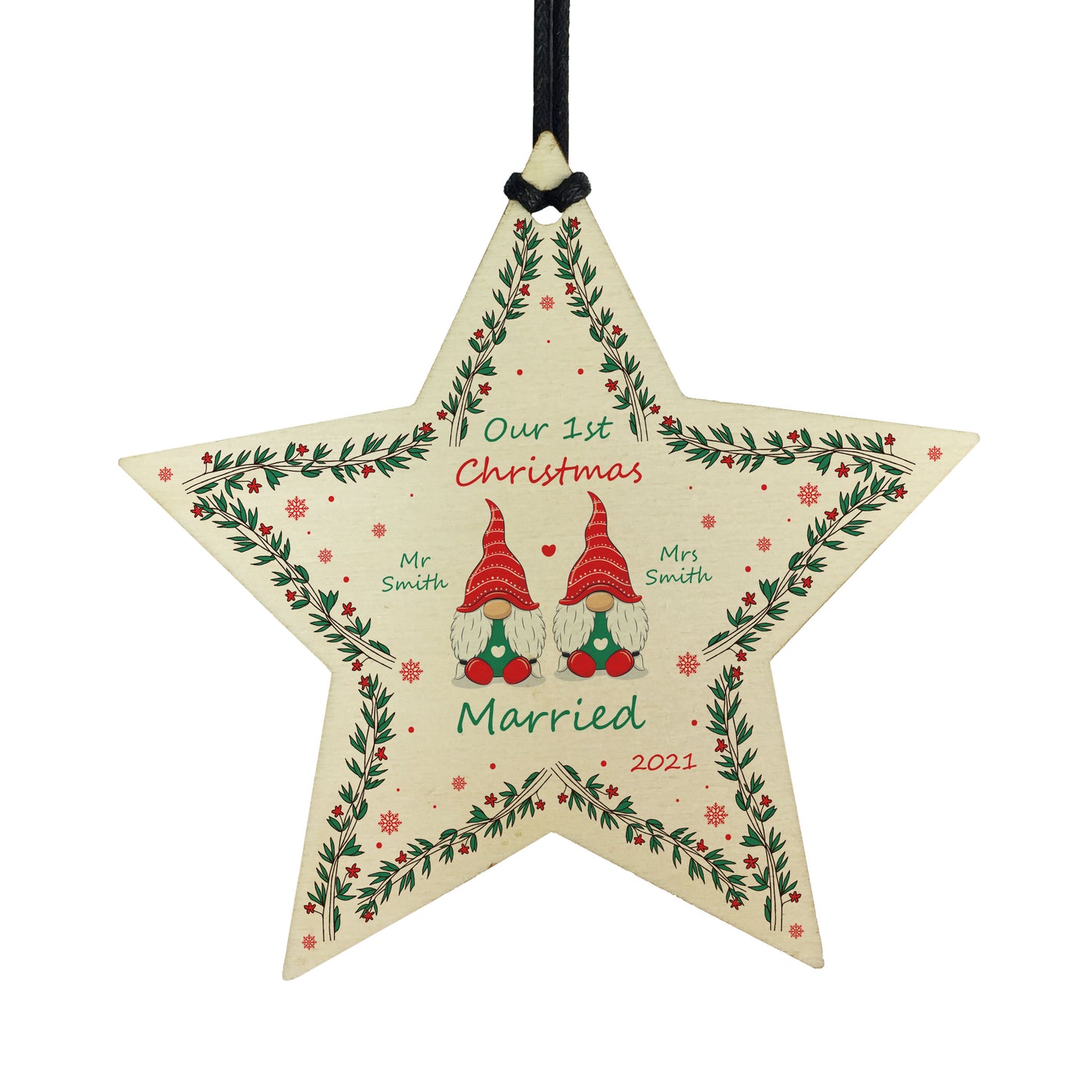 1st Christmas Married Wood Bauble Star Personalised Couple Gift